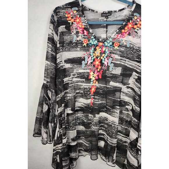 Embroidered Coverup 3X 2X Tunic Mesh Long Sleeve Boho Floral Dor Dor Couture - Picture 3 of 8